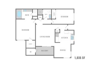 Contemporary 2D floor plan showcasing a spacious 2-bedroom, 2-bath apartment with an open living room, modern kitchen, and delightful balcony, totaling 1,035 square feet.
