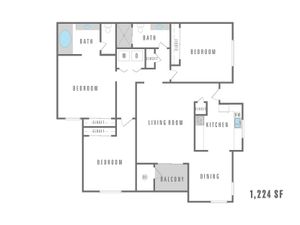 Modern 1224 sq ft floor plan showcasing 3 bedrooms, an open living room, and a cozy kitchen adjacent to the dining area, complete with a private balcony.