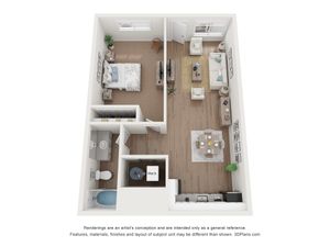 3D Floor plan of one bedroom, one bathroom at Pineview Terrace