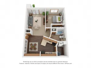 Charming 3D floor plan highlighting one bedroom, a spacious living area, and a modern kitchen with an inviting layout.