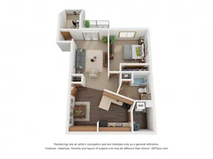 3D floor plan of a one-bedroom apartment featuring an open living area, modern kitchen, and cozy workspace.