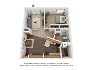 3D floor plan showing one-bedroom apartment with open living space and modern kitchen.