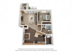 3D floor plan showcasing one-bedroom layout with an open living area, modern kitchen, and cozy balcony space.