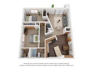 3D floor plan with two bedrooms, a modern kitchen, spacious living area, and bathroom.