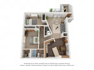 3D floor plan showing two-bedroom apartment with open living area and modern kitchen.