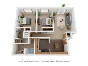 Intricate 3D floor plan featuring two bedrooms, a comfy living room, open kitchen, and modern bathroom.