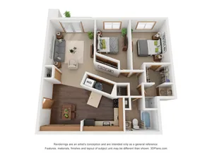 3D floor plan of a two-bedroom apartment with an open living area, modern kitchen, and two bathrooms.