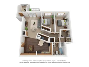 3D floor plan featuring two bedrooms, a modern kitchen, and a cozy living space, ideal for stylish living.