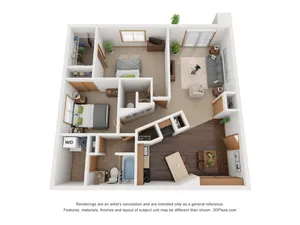 Charming 2-bedroom floor plan with open living space and well-appointed kitchen.