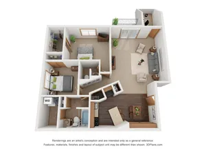 3D floor plan showcasing a two-bedroom apartment with stylish living and dining areas, modern kitchen, and home office space.