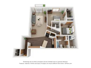 Contemporary 3D floor plan showcasing 2 bedrooms, open living and dining space, and modern kitchen amenities.