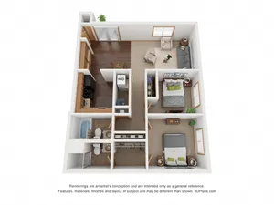3D floor plan of a cozy apartment with two bedrooms, a modern kitchen, and a bright living room.