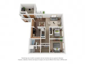 3D floor plan featuring two bedrooms, a stylish open living area, and a well-equipped office space.