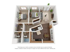 3D floor plan of a modern two-bedroom apartment with open living area and functional kitchen.