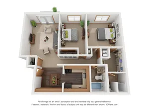 Inviting 3D floor plan featuring two bedrooms, an open-concept living room, and a modern kitchen.