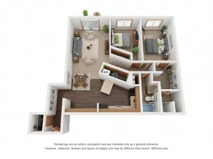 3D floor plan of a modern apartment showcasing two bedrooms, cozy living room, and a sleek kitchen.