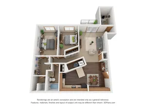 Modern 3D floor plan displaying two cozy bedrooms, a spacious living area, an elegant kitchen, and a convenient workspace.