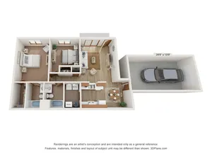 Chic 3D floor plan showcasing 2 bedrooms, open-concept living area with dining space, modern kitchen, and attached garage.