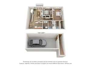 Charming 3D floor plan featuring an open living area, two bedrooms, modern kitchen, and private garage, ideal for cozy family living.