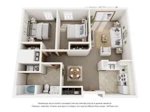 Intricate floor plan featuring two bedrooms, open living area, and modern kitchen.