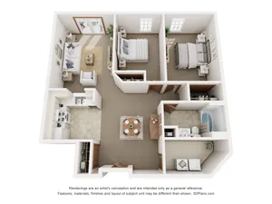 3D floor plan featuring two bedrooms, a cozy living room, modern kitchen, and bathroom with laundry space.