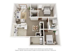 3D floor plan of a contemporary apartment with two bedrooms, open living and dining area, and a modern kitchen.