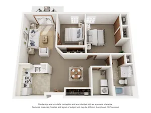 3D floor plan showcasing a 1-bedroom apartment with an open kitchen and cozy living area, including a balcony and a full bathroom.