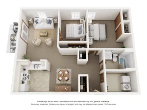 Stylish 3D floor plan featuring 2 bedrooms, an inviting living area, and modern kitchen.