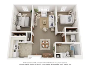 Elegant 3D apartment floor plan showcasing two bedrooms, a cozy living room, a modern kitchen, and a stylish bathroom.