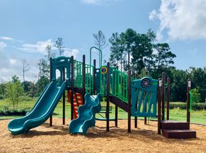 Charming playground with vibrant slides and climbing structures set against a lush, green park backdrop.