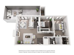 3D floor plan showing two-bedroom apartment with open living area and balcony.