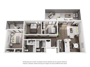 Sophisticated 3D floor plan featuring 3 bedrooms, an open living and dining area, and a modern kitchen.