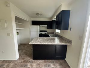 Modern kitchen with sleek black cabinets, granite countertops, and a compact open shelving area enhancing functionality.