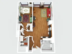 Elegant 3D floor plan showcasing a cozy one-bedroom apartment with a spacious living area and modern kitchen.