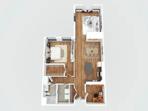 Elegant 3D floor plan featuring a spacious bedroom, a cozy living area, modern kitchen, and a stylish bathroom with wooden flooring throughout.