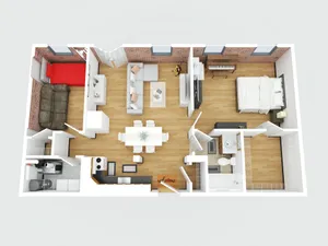 Modern 3D floor plan showcasing 2 bedrooms, a cozy living room, and a stylish kitchen with sleek furniture and wooden flooring.