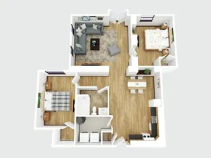 Inviting 3D floor plan featuring two cozy bedrooms, a stylish open-concept kitchen and dining area, a spacious living room, and a modern bathroom with laundry facilities.