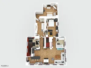 Modern 3D floor plan showcasing 3 bedrooms, a stylish open kitchen, cozy living space, and elegant wooden flooring.