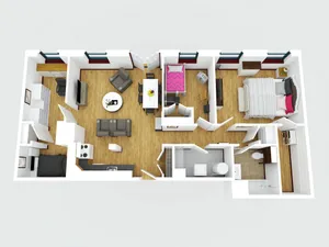 Modern 3D floor plan showcasing a cozy apartment with two bedrooms, a stylish open living-dining area, and a sleek kitchen design.