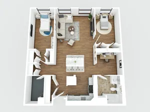 Contemporary 3D floor plan showcasing 2 bedrooms, a cozy living area, modern kitchen, and stylish workspace, ideal for urban living.