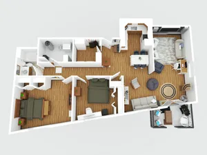 Modern 3D floor plan showcasing 2 bedrooms, 2 bathrooms, and a cozy open-concept living area with kitchen, ideal for comfortable living.