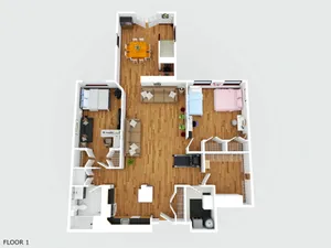 Charming 3D floor plan showcasing spacious 2-bedroom apartment with open living area, modern kitchen, and inviting dining space.