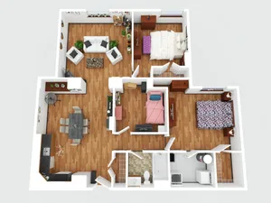 Modern 3D apartment floor plan featuring three cozy bedrooms, a spacious open-concept living and dining area, a sleek kitchen, and well-appointed bathroom spaces, all with stylish wooden flooring.