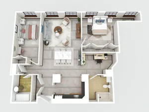 Elegant 3D floor plan showcasing two bedrooms, an open-concept living and dining area, a cozy home office, and modern bathroom amenities.