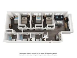 Modern 3D floor plan showcasing 3 cozy bedrooms, 2 elegant bathrooms, an open-concept living area, and a sleek kitchen with contemporary finishes.