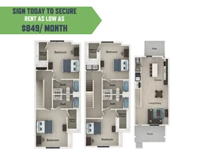 Modern floor plan highlighting 3 bedrooms, expansive living/dining area, and gourmet kitchen with patio access. Secure your space today for just $849/month.
