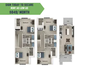 Modern floor plan showcasing 3 spacious bedrooms, 2 elegant baths, open-concept kitchen and living/dining area, with a cozy porch and patio. Affordable luxury at $849/month.