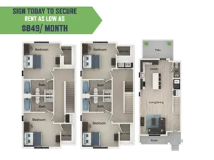 Modern townhome floor plan featuring 3 bedrooms, 2 baths, an open kitchen, spacious living/dining area, patio, and porch. Rent starts at an affordable $849/month.