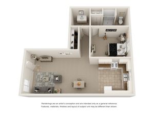 One bedroom one and a half bath floor plan image showing open living room and dining room, open concept kitchen, one and a half bathrooms, a spacious bedroom, and ample storage space