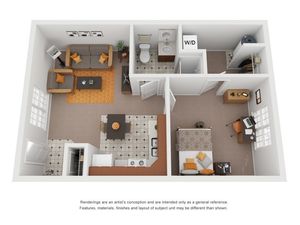 One bedroom one bath floor plan with open concept kitchen living room
